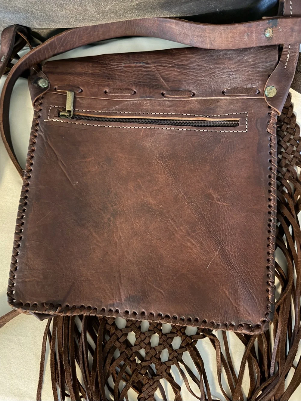 Amazing Vintage Woven n Fringed Patina Brown Crossbody/Shoulder Bag